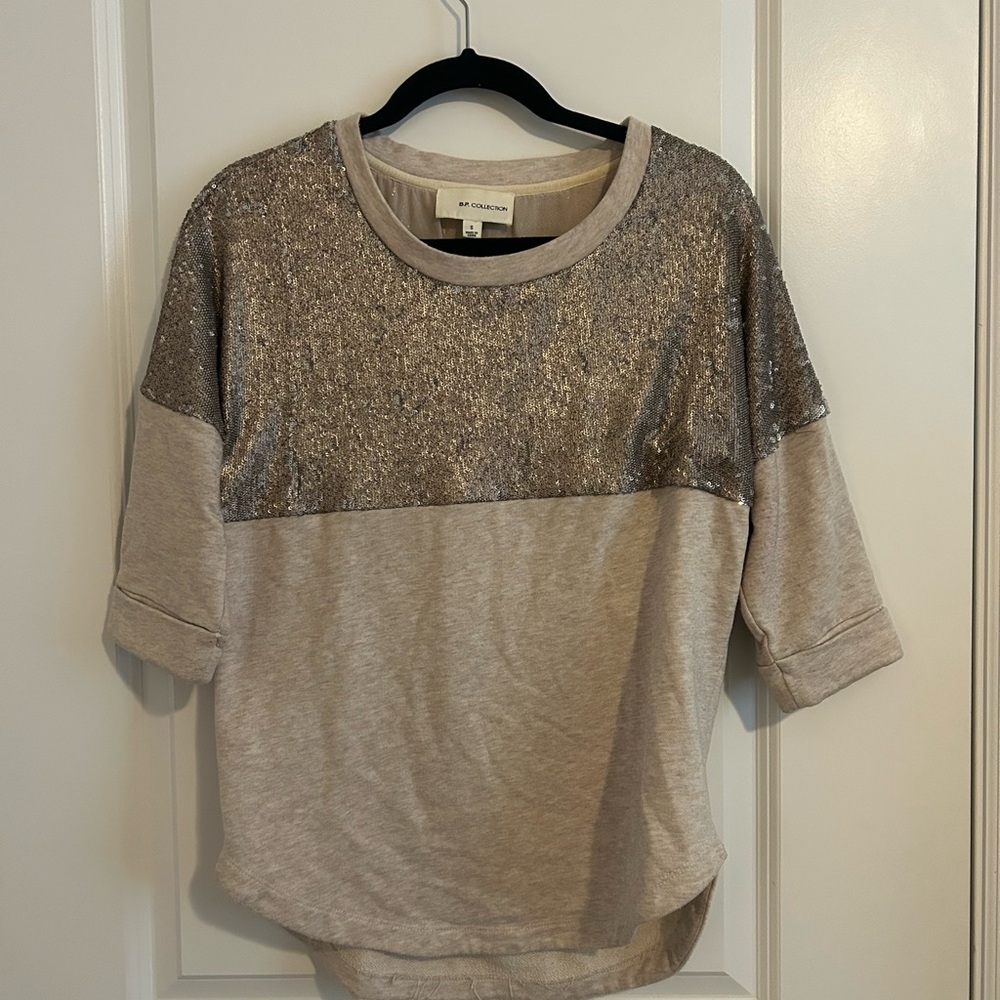 INC International Concepts Beige and Silver Short Sleeve Top